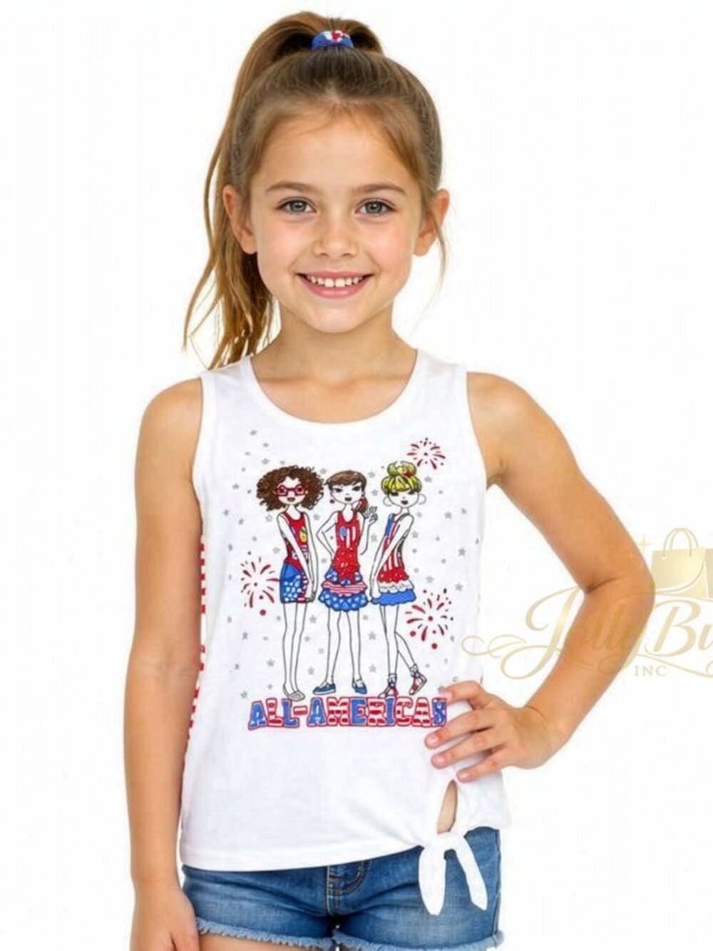 Graphic Tie Tank Girls' All-American Besties BFFS Glitzy Top T-Shirt - Picture 2 of 4